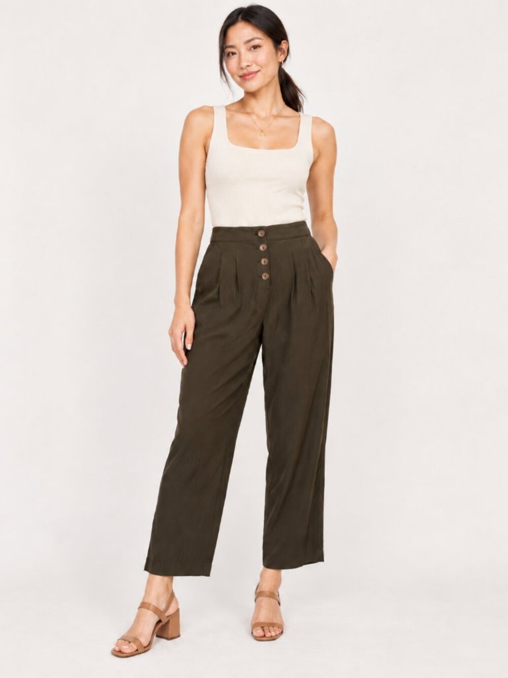 LOFT Olive High Waist Wide Leg Ankle Pants Button Front Size 10